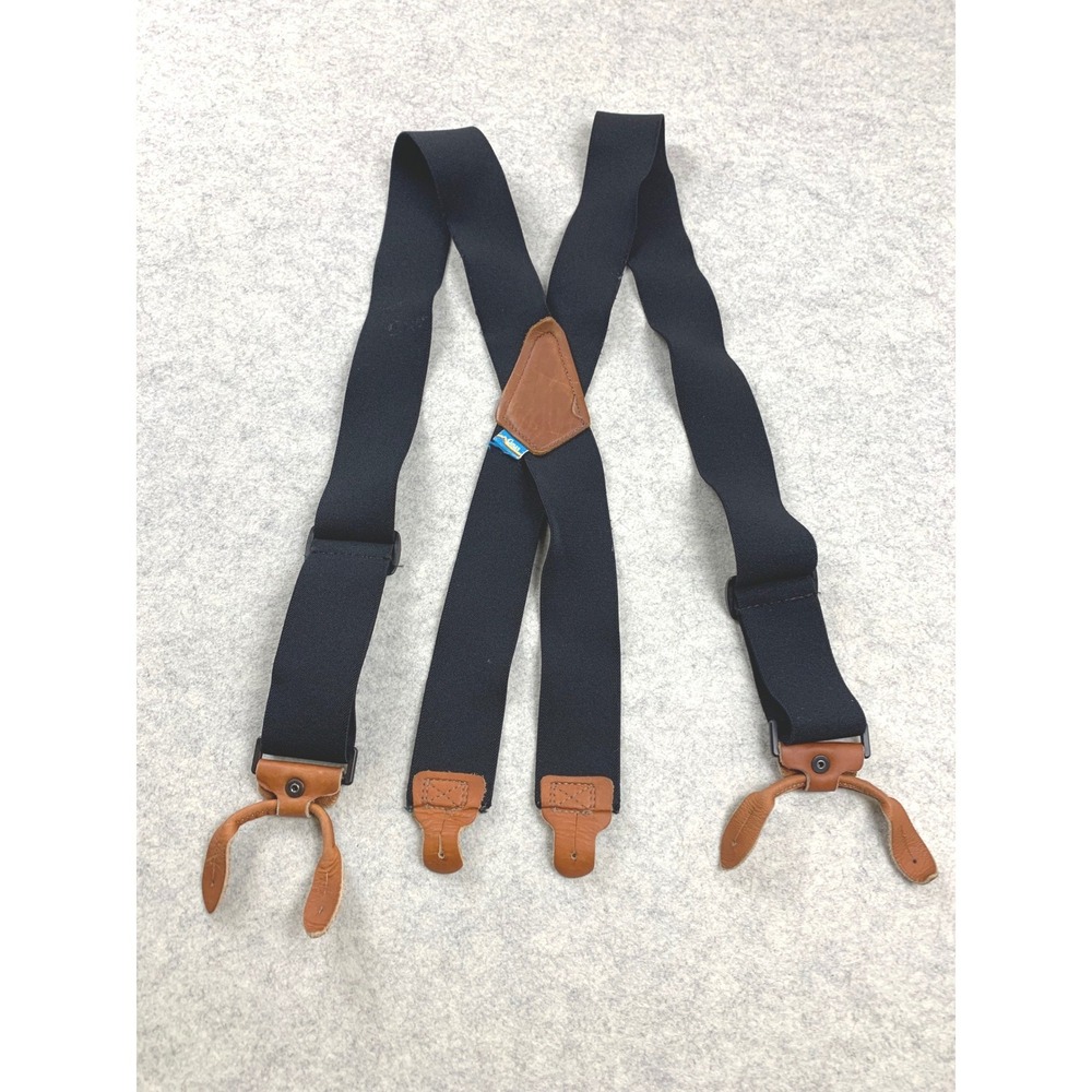 Vintage‎ Suspenders Mens Wide Black Leather Button Loop Adjustable X-Back Braces